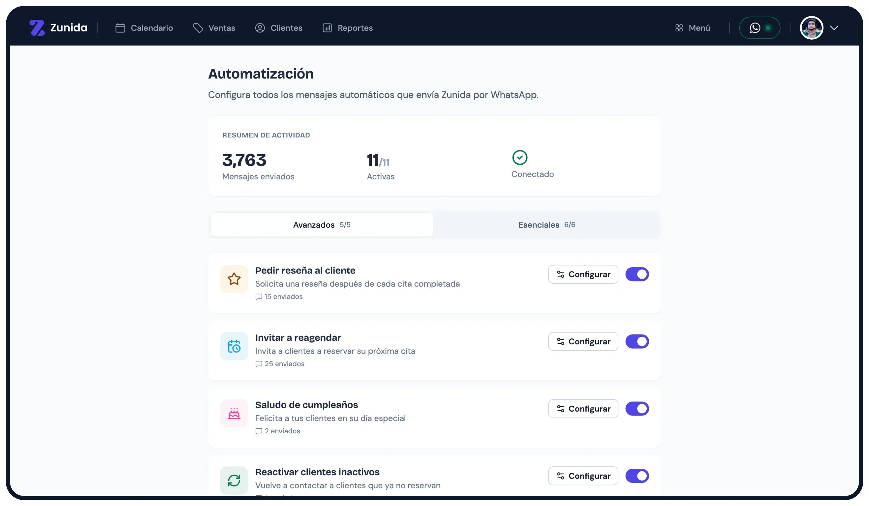 Vista de automatizaciones del admin de Zunida